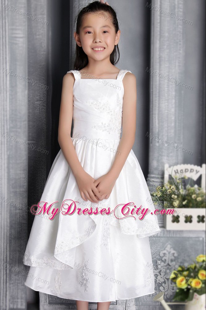 White Sheath Square Neckline Flower Girl Dress Appliques Decorate