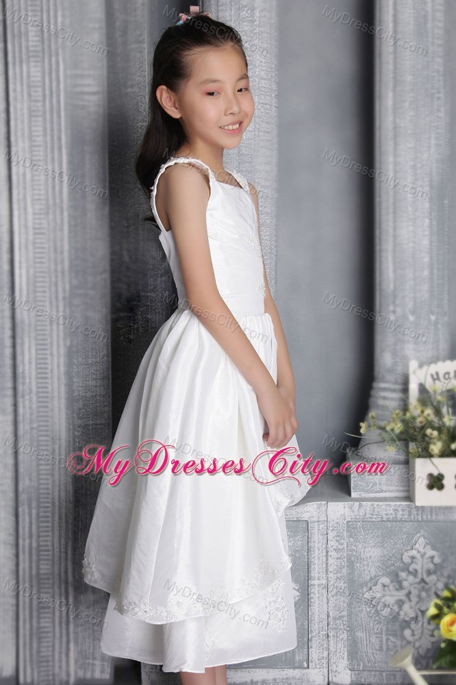 White Sheath Square Neckline Flower Girl Dress Appliques Decorate