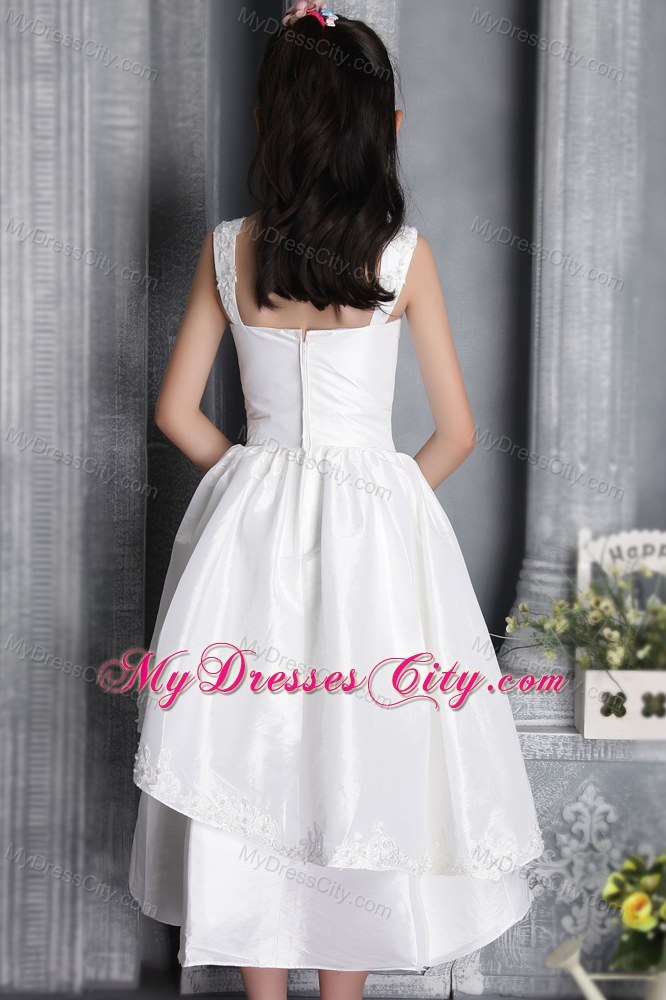 White Sheath Square Neckline Flower Girl Dress Appliques Decorate