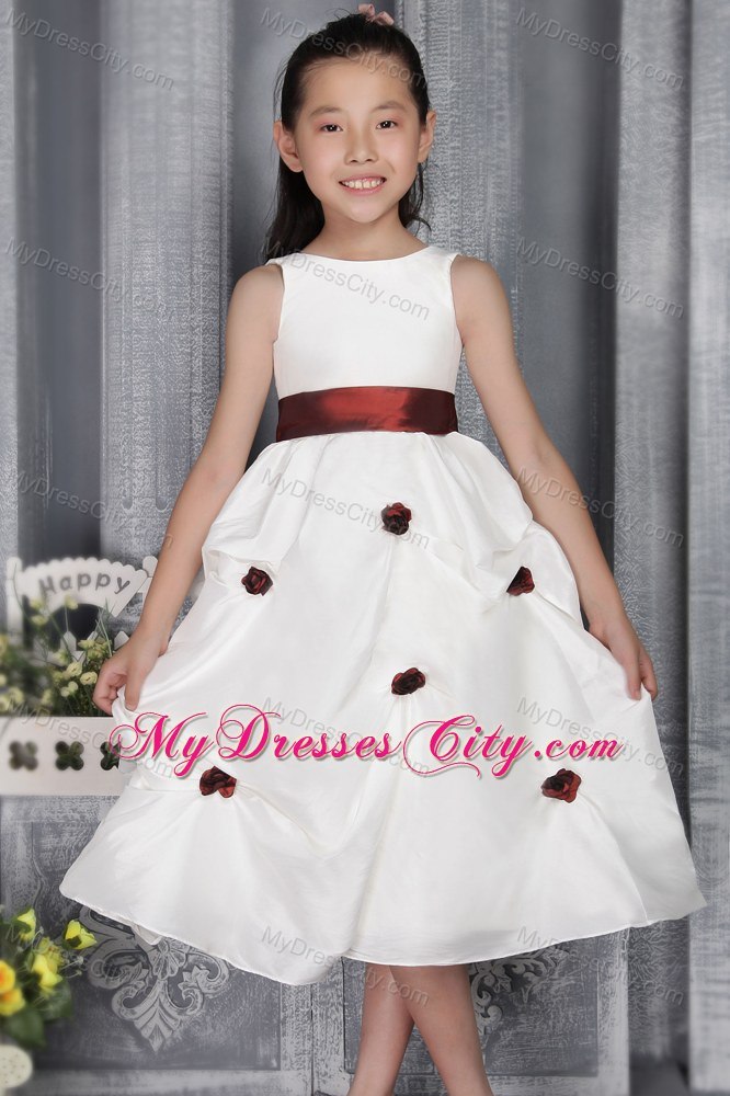 White A-line Scoop Tea-length Flower Girl Dress with Belt and Appliques