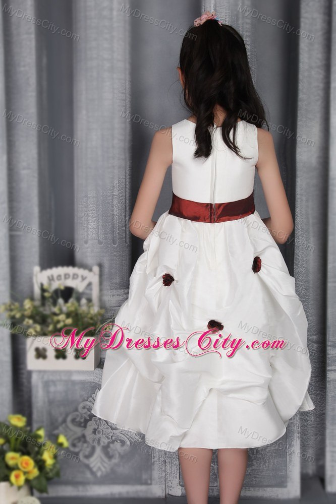 White A-line Scoop Tea-length Flower Girl Dress with Belt and Appliques