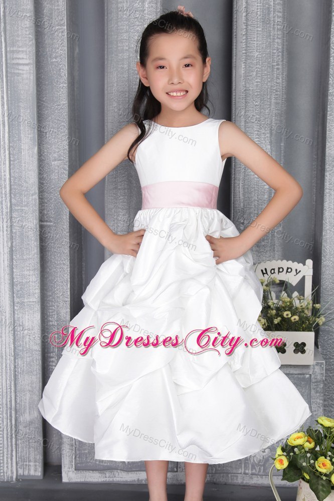 Belt and Pick-ups Decorate A-line Scoop Ankle-length Flower Girl Dress