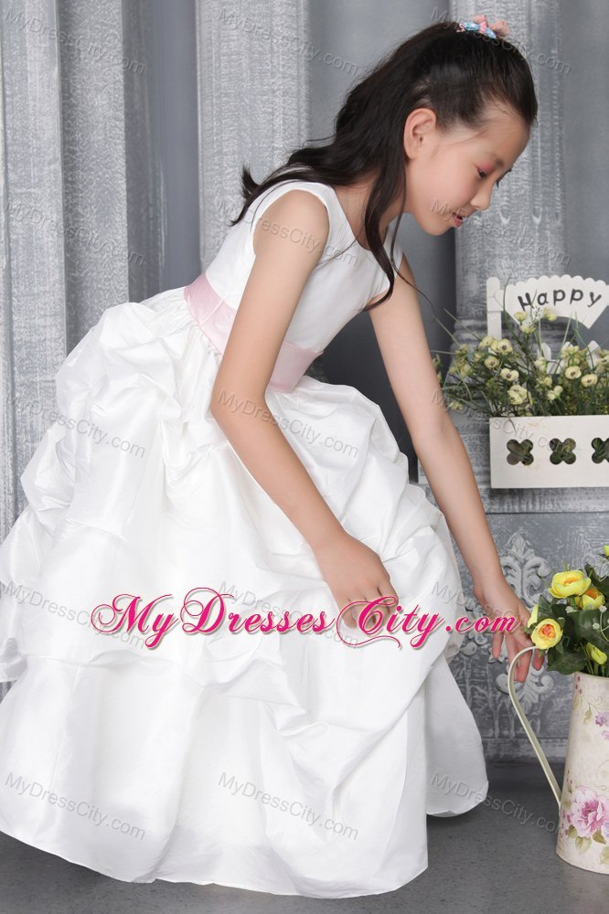 Belt and Pick-ups Decorate A-line Scoop Ankle-length Flower Girl Dress