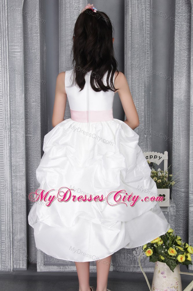 Belt and Pick-ups Decorate A-line Scoop Ankle-length Flower Girl Dress