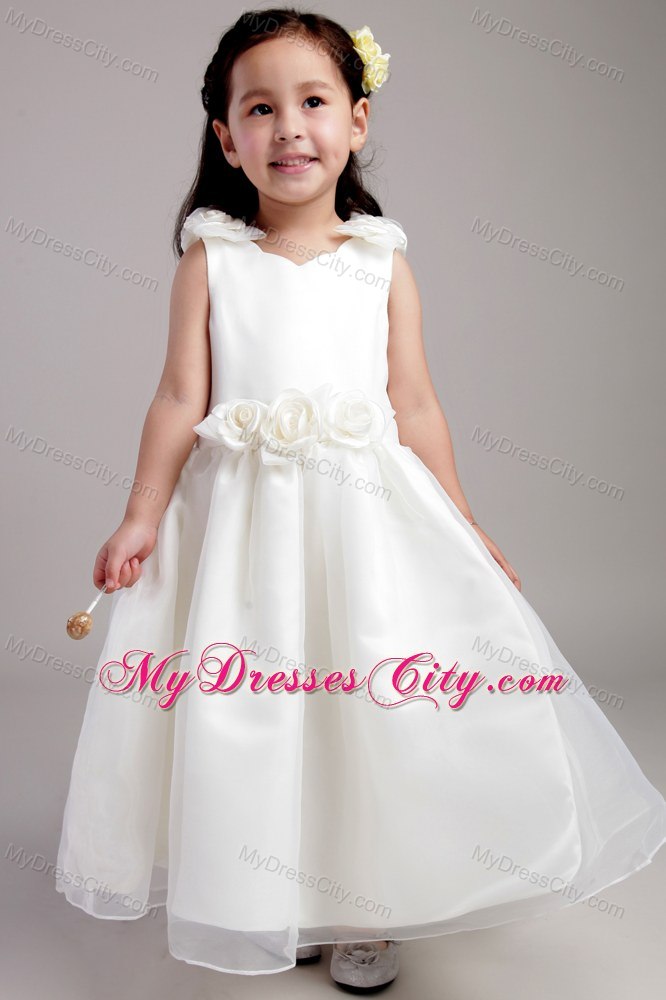 White Ankle-length with Straps Flower Girl Dress Flowers Accented