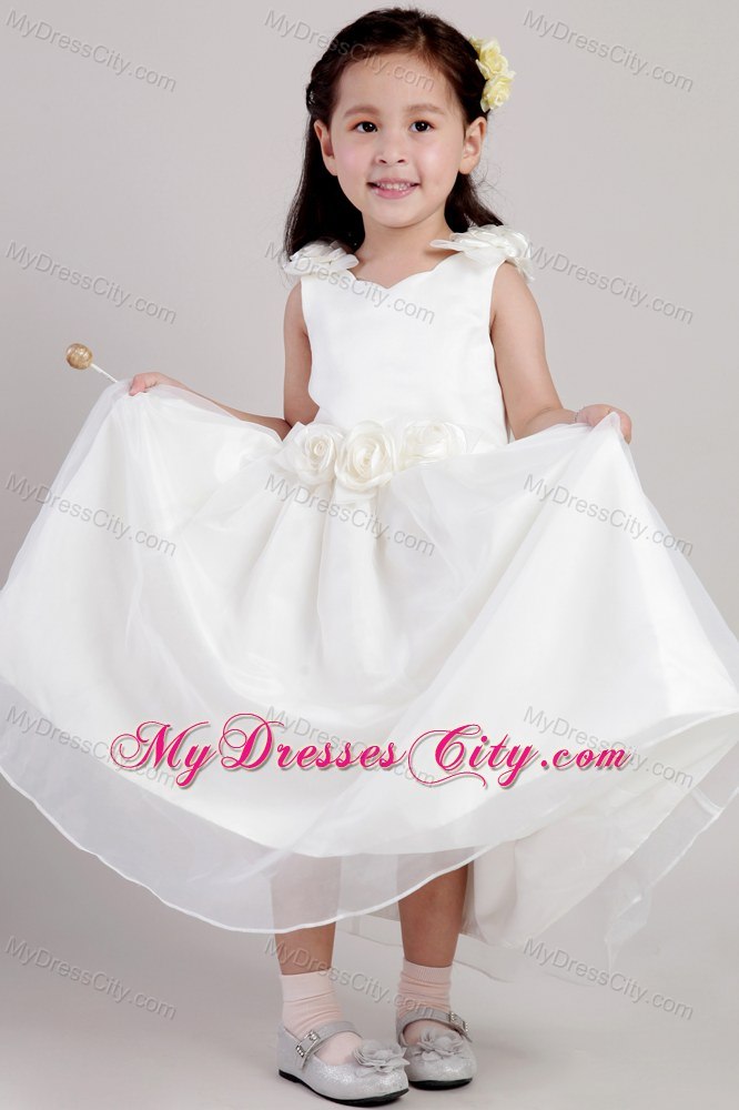 White Ankle-length with Straps Flower Girl Dress Flowers Accented