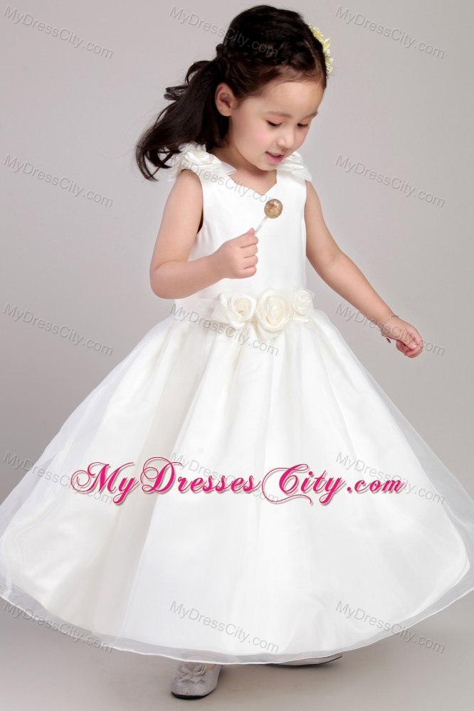 White Ankle-length with Straps Flower Girl Dress Flowers Accented