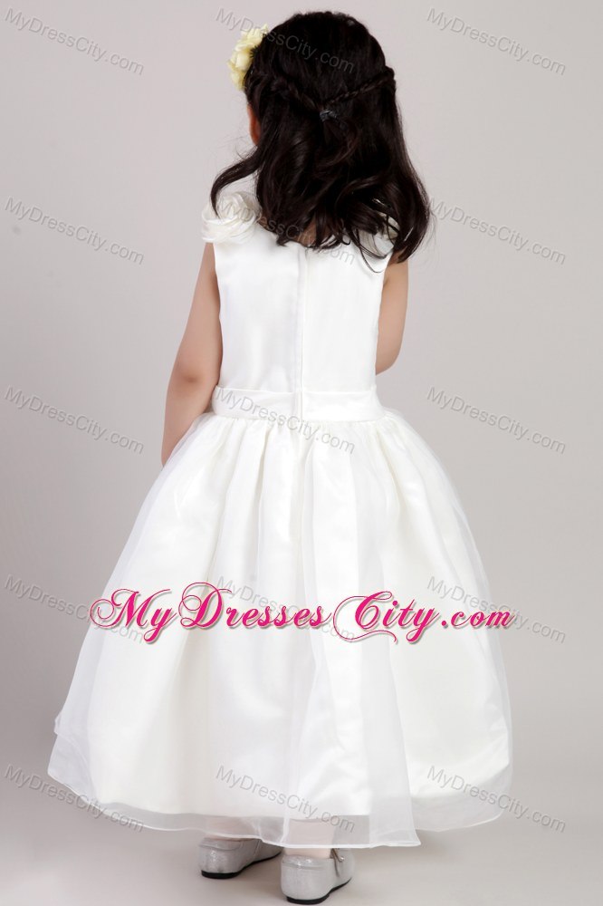 White Ankle-length with Straps Flower Girl Dress Flowers Accented