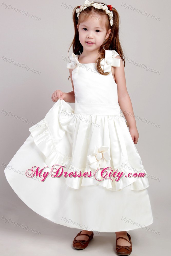 White A-line Ankle-length Flower Girl Dress with Straps and Bow