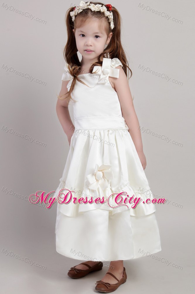 White A-line Ankle-length Flower Girl Dress with Straps and Bow