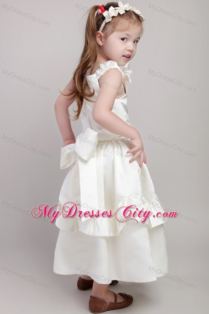 White A-line Ankle-length Flower Girl Dress with Straps and Bow