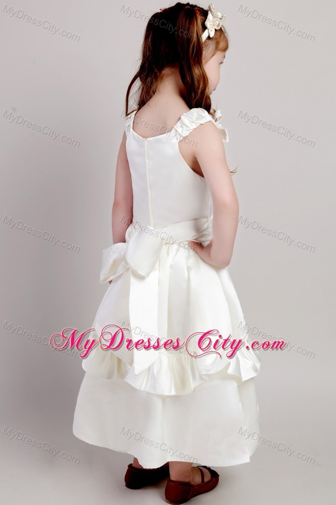 White A-line Ankle-length Flower Girl Dress with Straps and Bow