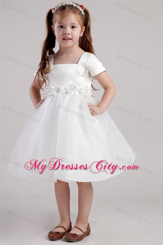 Square Short Sleeves and Flowers Decorate Little Girl Dress A-line Style