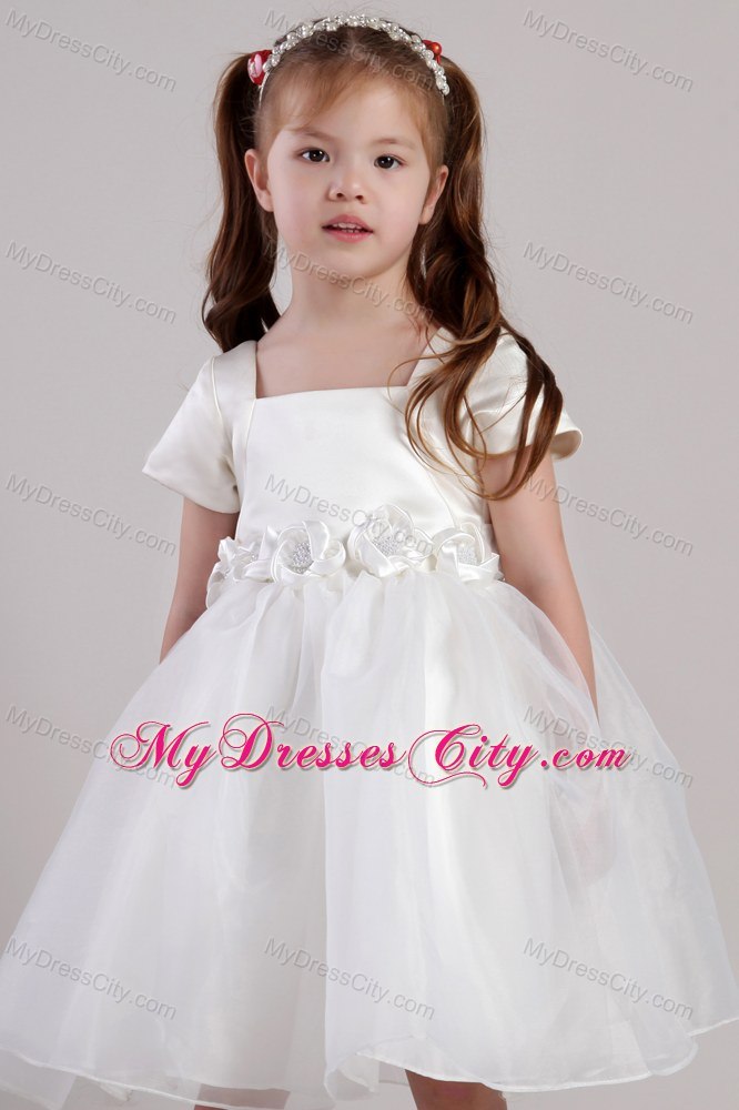 Square Short Sleeves and Flowers Decorate Little Girl Dress A-line Style