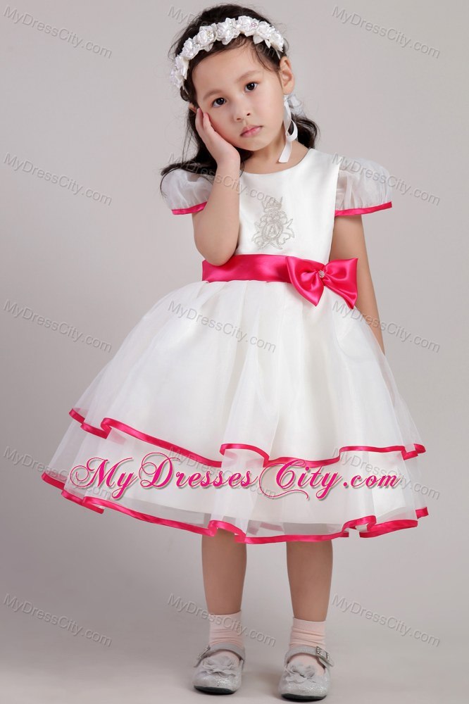 Scoop Beading and Bowknot Decorate Little Girl Dress with Short Sleeves