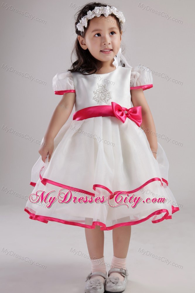 Scoop Beading and Bowknot Decorate Little Girl Dress with Short Sleeves