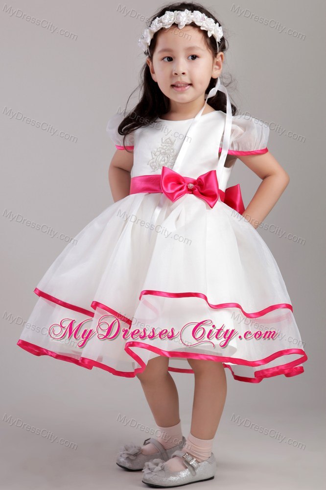 Scoop Beading and Bowknot Decorate Little Girl Dress with Short Sleeves