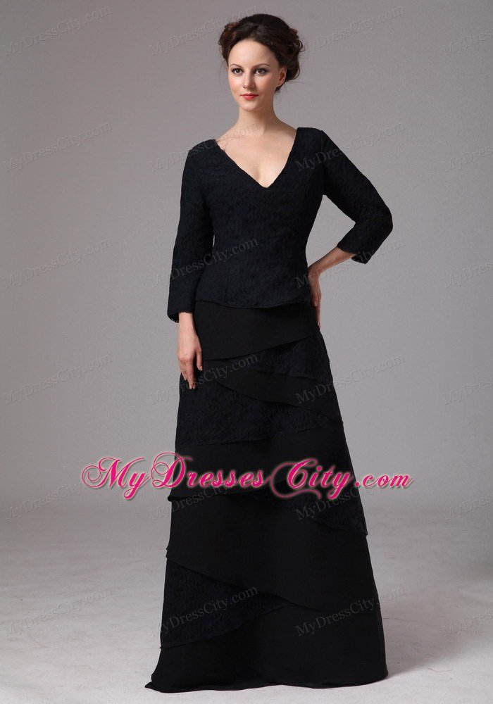 Black V-neck 3 4 Sleeves Mother Of The Bride Dress Floor Length