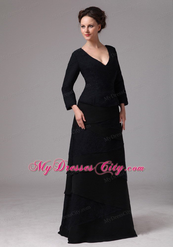 Black V-neck 3 4 Sleeves Mother Of The Bride Dress Floor Length