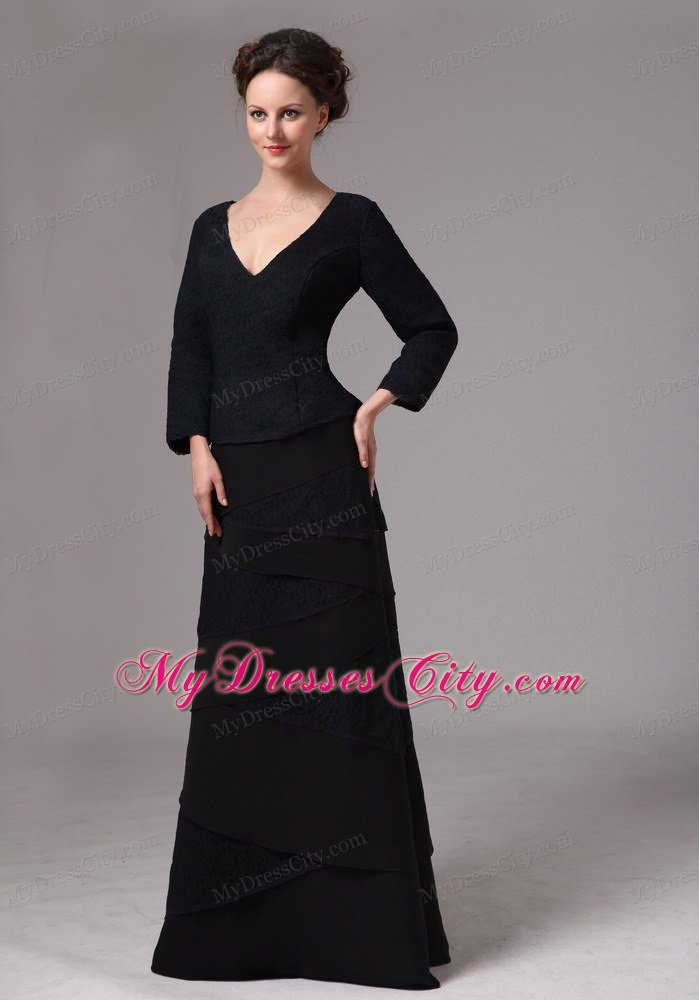 Black V-neck 3 4 Sleeves Mother Of The Bride Dress Floor Length