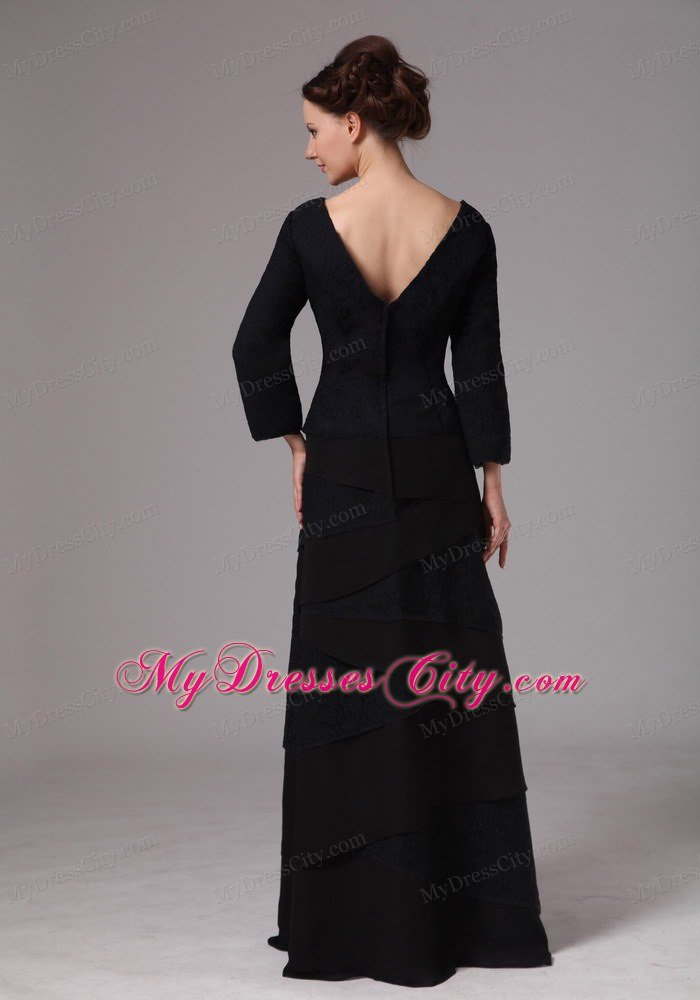 Black V-neck 3 4 Sleeves Mother Of The Bride Dress Floor Length