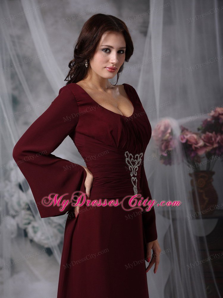 Burgundy Scoop Long Sleeves Beading Mother Of The Bride Dress