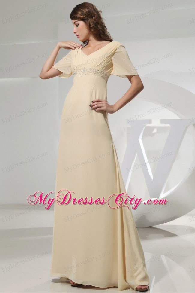 Champagne Mother Of The Bride Dress With Short Sleeves and Beading