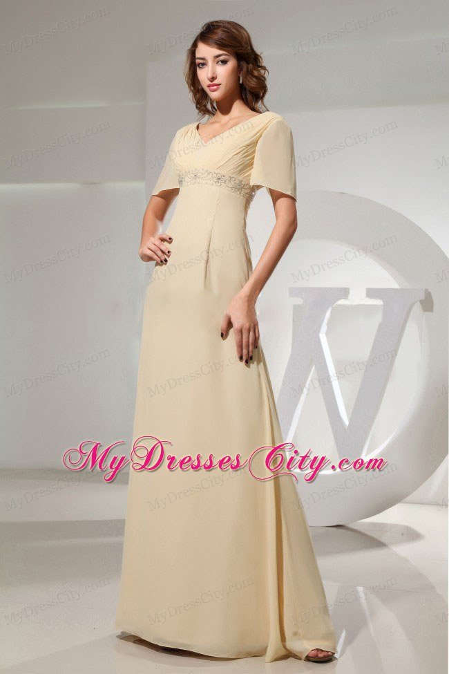 Champagne Mother Of The Bride Dress With Short Sleeves and Beading