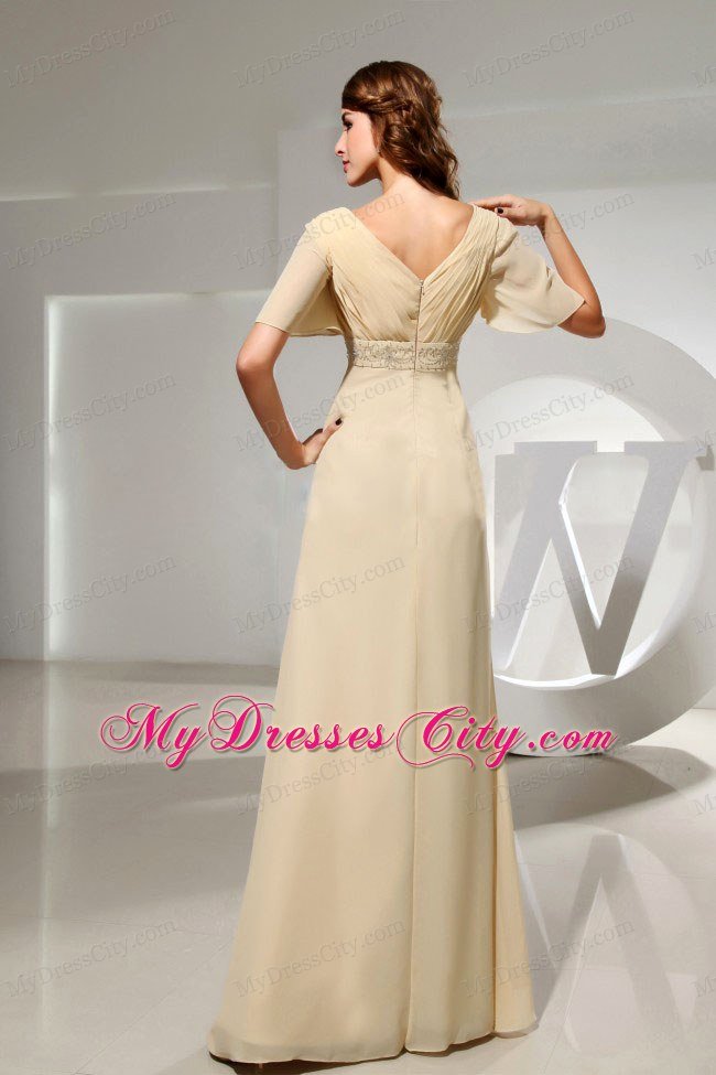 Champagne Mother Of The Bride Dress With Short Sleeves and Beading