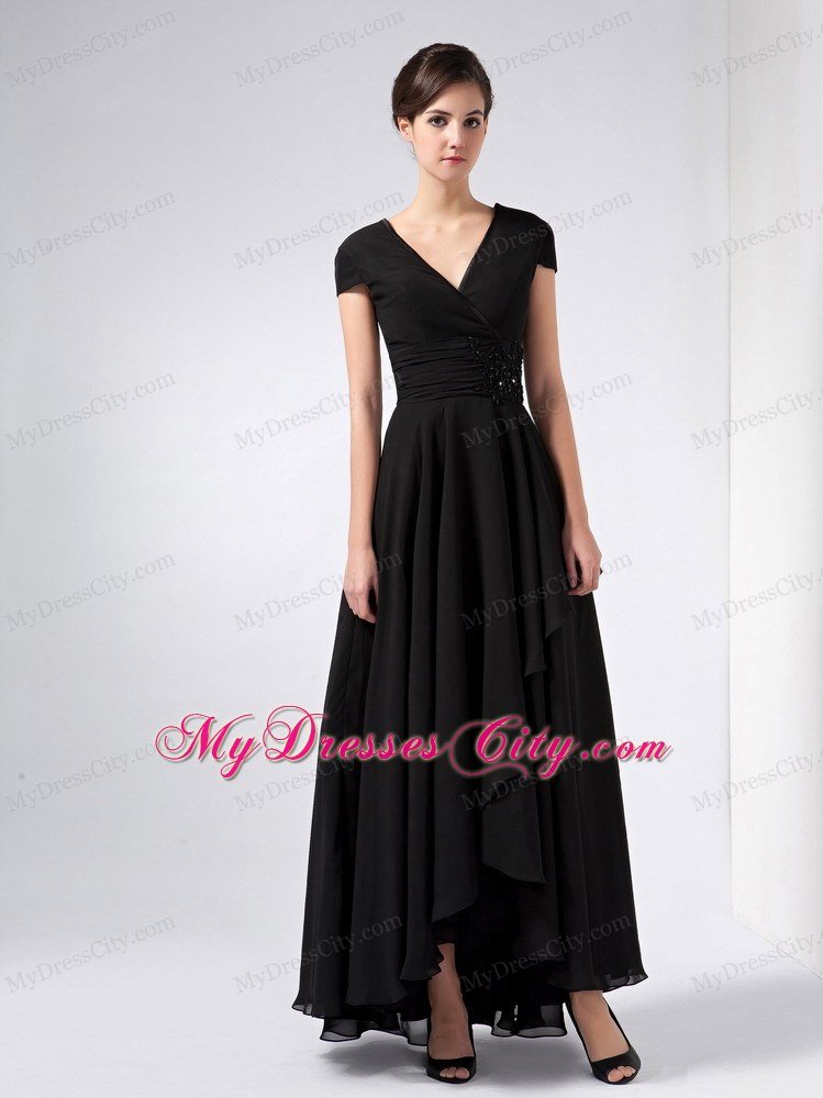 Black A-line V-neck Ankle-length Chiffon Mother Of The Bride Dress