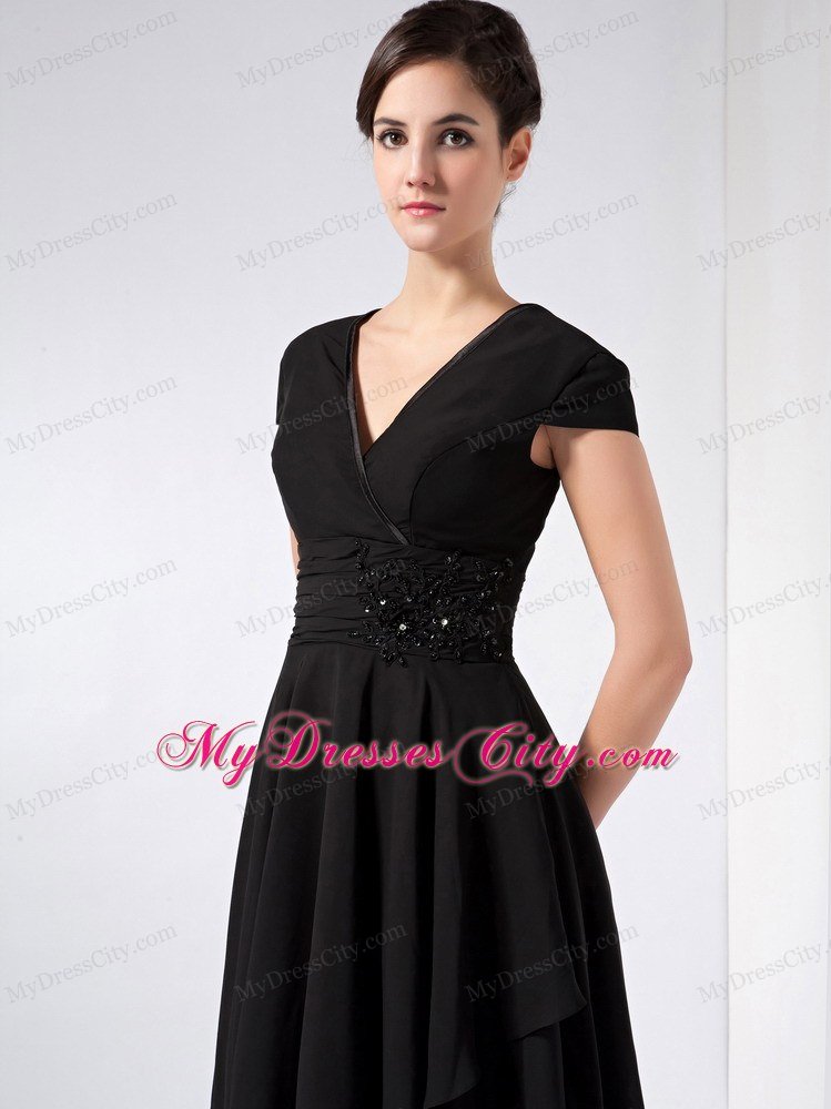 Black A-line V-neck Ankle-length Chiffon Mother Of The Bride Dress