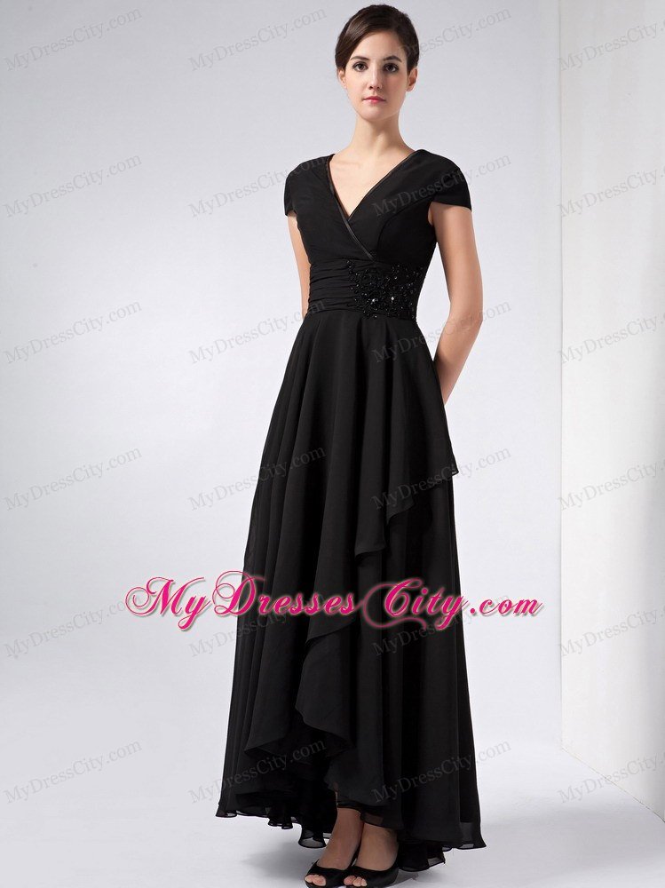 Black A-line V-neck Ankle-length Chiffon Mother Of The Bride Dress