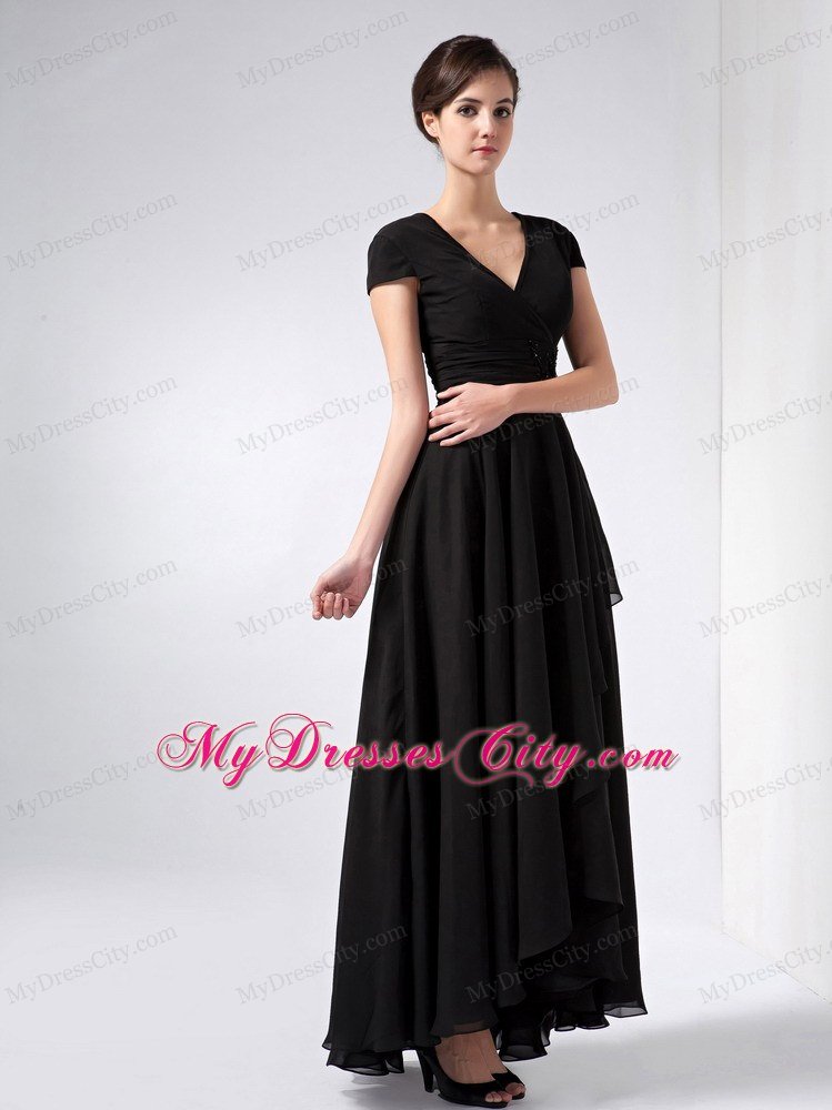 Black A-line V-neck Ankle-length Chiffon Mother Of The Bride Dress