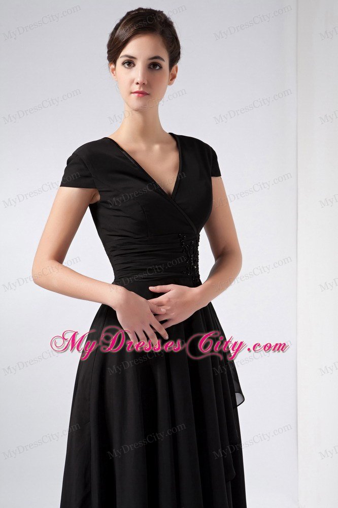 Black A-line V-neck Ankle-length Chiffon Mother Of The Bride Dress