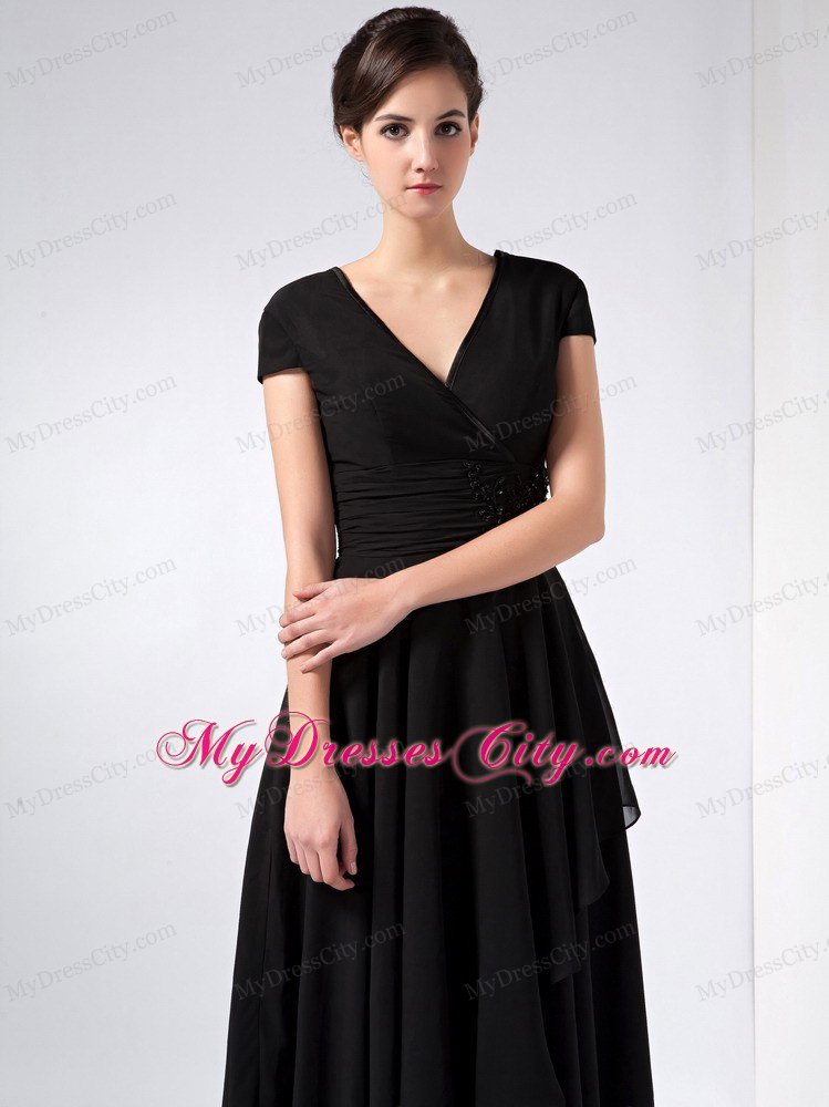 Black A-line V-neck Ankle-length Chiffon Mother Of The Bride Dress