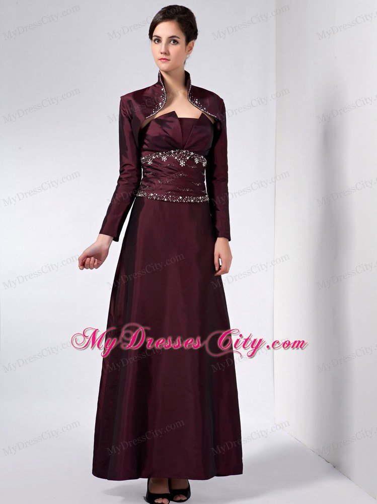 Burgundy Strapless Ankle-length Beading Mother Of The Bride Dress