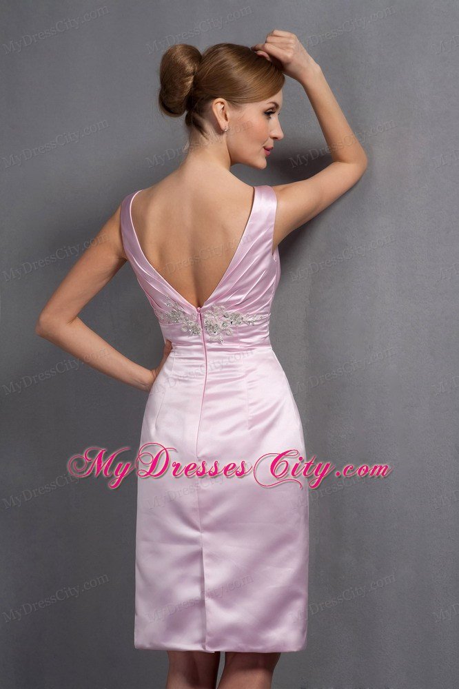 Baby Pink Deep V-neck Knee-length Mothers Dresses with Appliques