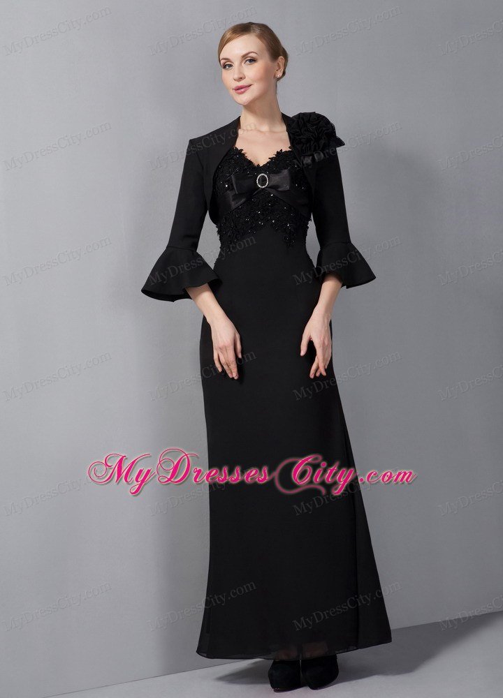 Black Column Straps Ankle-length Appliques Mother Of The Bride Dress