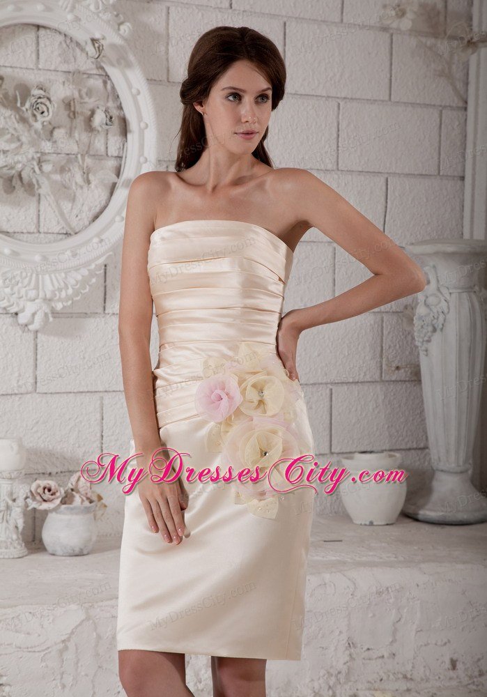 Champagne Column Strapless Knee-length Hand Made Flowers Mothers Dress