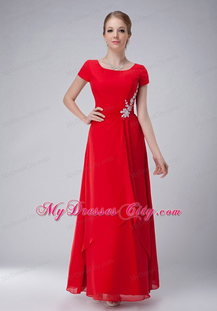 Red Empire Scoop Neckline Appliques Mothers Dress Ankle-length