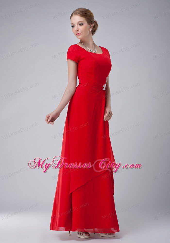 Red Empire Scoop Neckline Appliques Mothers Dress Ankle-length