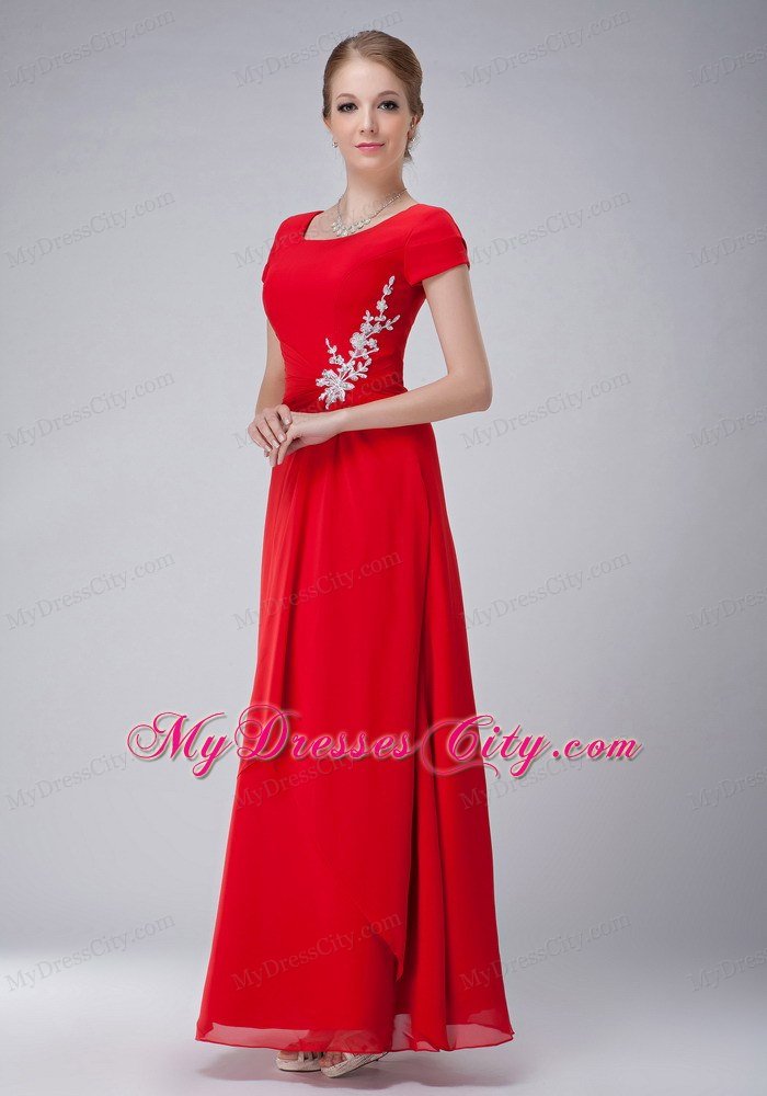 Red Empire Scoop Neckline Appliques Mothers Dress Ankle-length