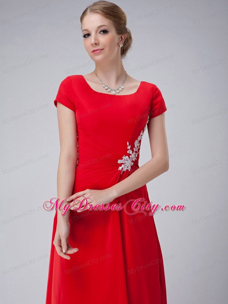 Red Empire Scoop Neckline Appliques Mothers Dress Ankle-length