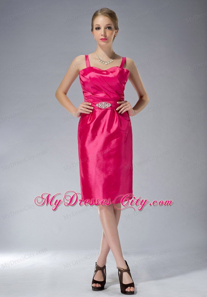 Straps Knee-length Taffeta Beading Mother Dress in Hot Pink