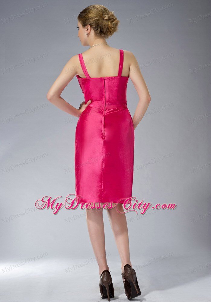 Straps Knee-length Taffeta Beading Mother Dress in Hot Pink