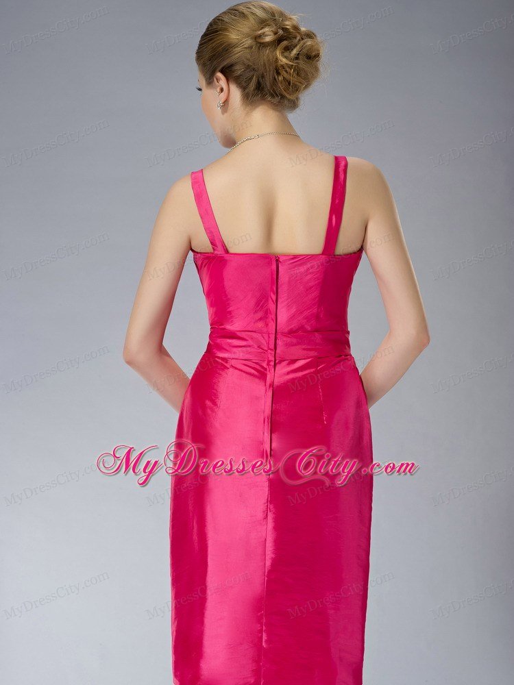 Straps Knee-length Taffeta Beading Mother Dress in Hot Pink