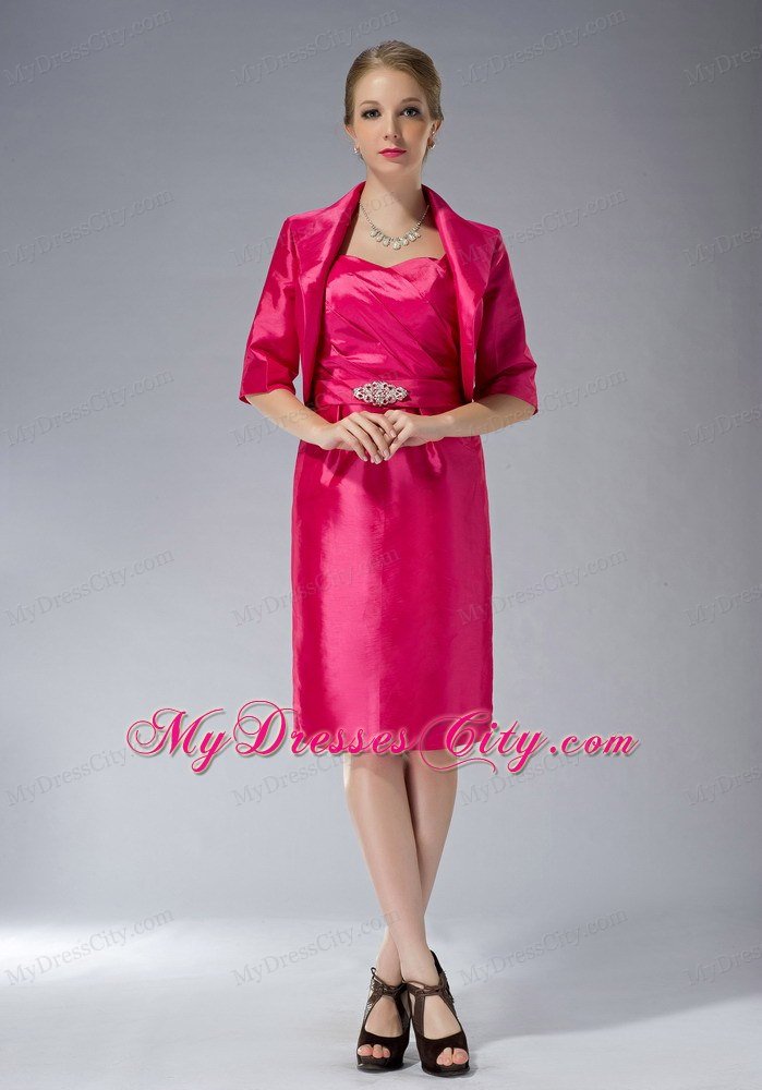 Straps Knee-length Taffeta Beading Mother Dress in Hot Pink