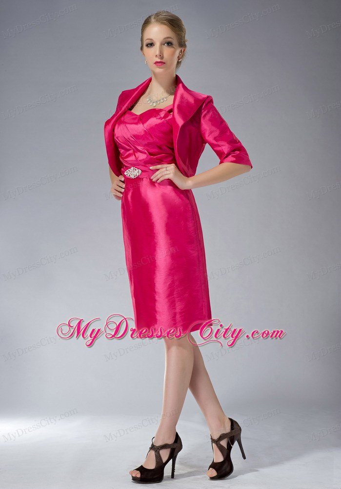 Straps Knee-length Taffeta Beading Mother Dress in Hot Pink