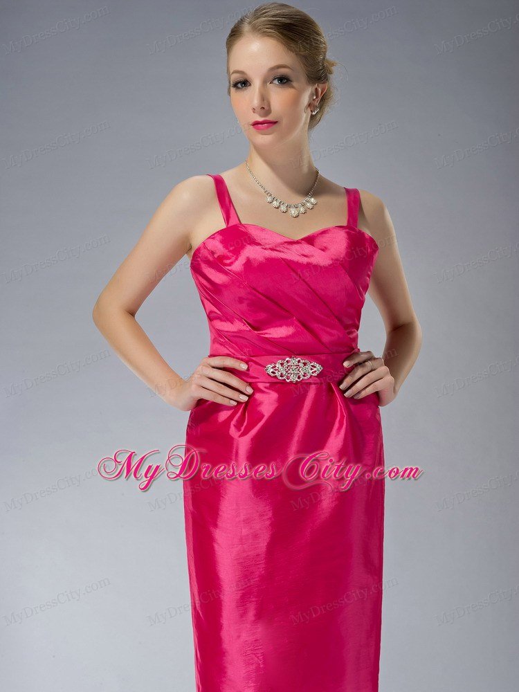 Straps Knee-length Taffeta Beading Mother Dress in Hot Pink