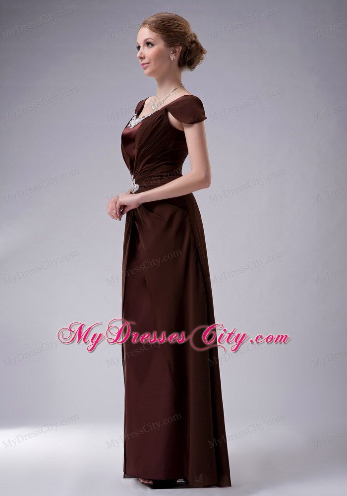 Brown Ruffled Cap Sleeves Mother Of The Bride Dress with Appliques